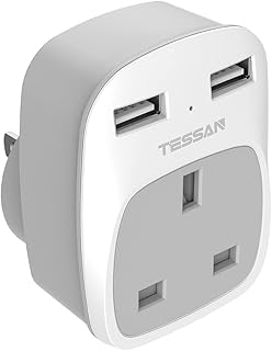 TESSAN UK to US Plug Adapter, UK Plug Adapter with AC Outlet 2 USB Ports, UK Power Adapter Converts Type G UK Ireland Singapore Hongkong Plug to Type B USA Plug Travel Adapter European Plug Adapter