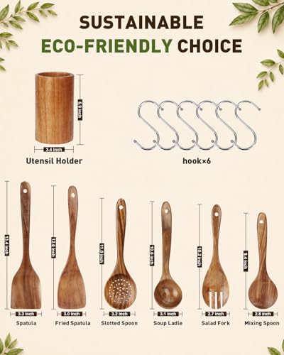 Image of 100% Premium Solid Teak Wooden Utensil Set with Holder, 7PCS