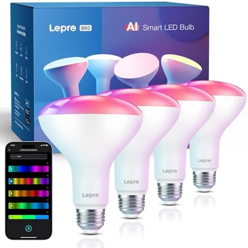 Lepro BR2 AI Smart Light Bulb, RGBWW Dimmable BR30 Bulbs 1200LM, Work with Alexa & Google Home, Music Sync, Flood Color Changing Light Bulbs, WiFi & Bluetooth Via Lepro App, LLM, E26, 4 Pack