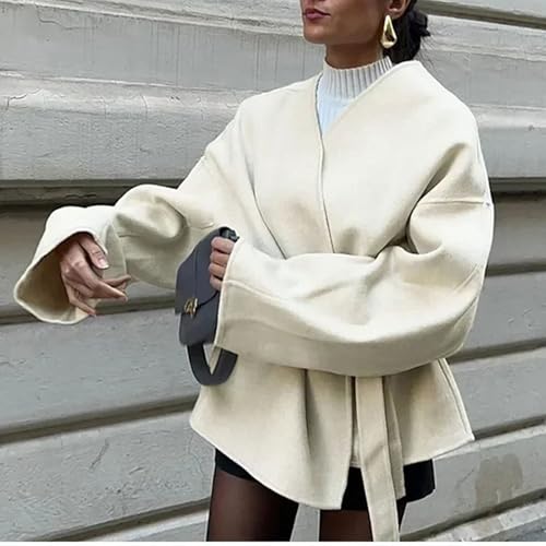 CHARTOU Women Cropped Wool Blend Pea Coat Fall Winter Belted Short Trench Overcoat Jacket Dressy Outwear3