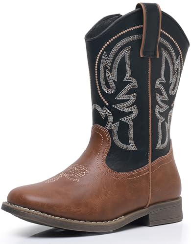 Blikcon Kids Cowboy Boots for Boys & Girls Embroidered Square Toe Cowgirls Western Rodeo Boots with Side Zipper for Toddler & Little Kid & Big Kid