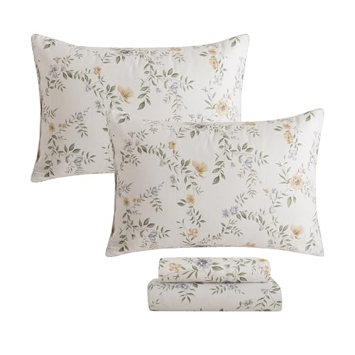 Image of FADFAY King Size Sheets Floral Cooling Bed Sheet Set Muslin Cotton Chic Beige Green French Country Style Bedding Luxury Super Soft Breathable Crisp Bed Deep Pocket Fitted Sheet 4 Pcs