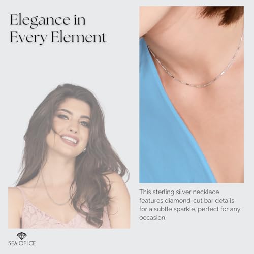 SEA OF ICE Sterling Silver 1mm Diamond-Cut Bar Station Rolo Chain Necklace For Women, Size 14" - 36" Italy3