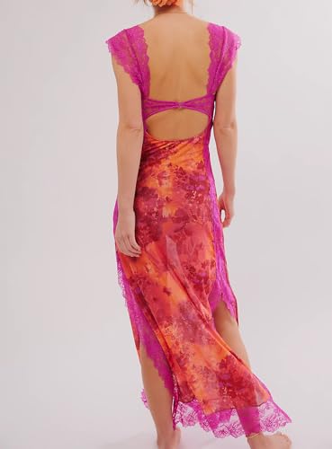 Image of Women Sexy Lace Patchwork Mesh Dress Floral Print Cutout Sweetheart Neck Backless Slit Summer Maxi Dress