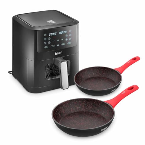 POLISHOP Fritadeira Elétrica Airfryer Ichef Smart Vision 6L e Panelas Saute Grand 24cm e Sauté Petit 20cm Vermelha