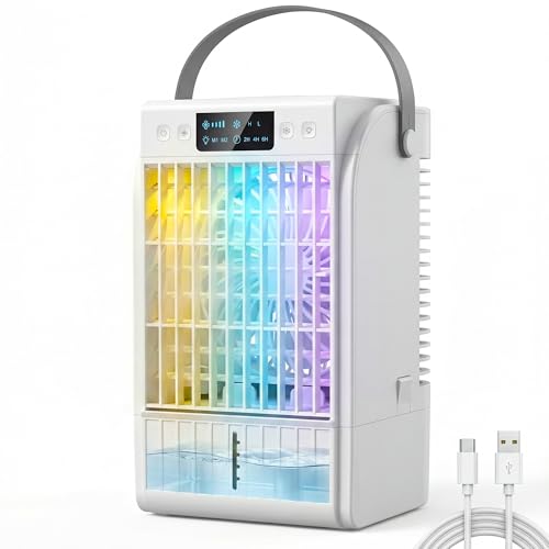 HOMCOM Climatizador Portátil, Mini Enfriador de Aire 4 en 1 con 4 Velocidades, 2 Modos de Nebulización, Luz LED RGB de 7 Colores, Depósito de Agua de 1,5L, Temporizador 2/4/6H, Asa, Blanco