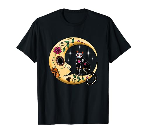 Funny Cat & Moon Sugar Skull Dia de Los Muertos Day Of Dead T-Shirt