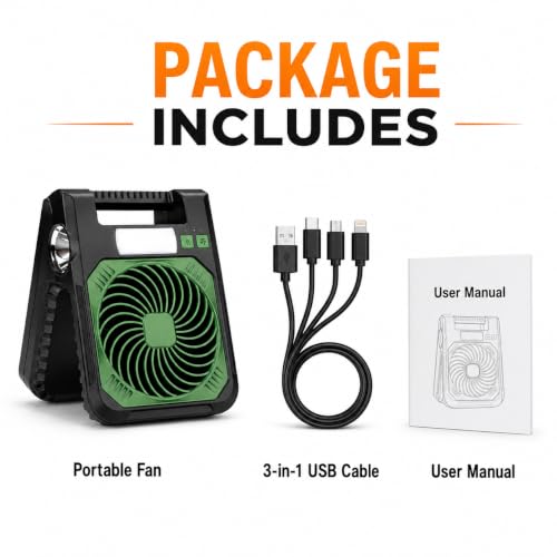 Image of AARKRI SALES Solar Camping Fan with LED 10400mAh Rechargeable Battery Powered Portable Outdoor Fan for Travel Emergency 4 Speeds 3 Brightness Settings USB Power Bank for Phone Charging (Side LED)