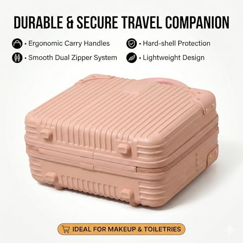 Image of Hard Shell Makeup Vanity Case for Women, Portable Travel Cosmetic Organizer Box with Handle & Zipper, Premium Makeup Storage Case for Cosmetics, Jewelry & Toiletries, B-Skin