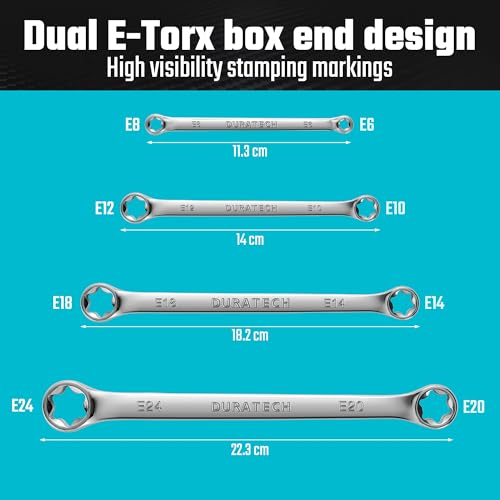 DURATECH 4-delige E-Torx sleutelset E6–E24, dubbele ringsleutel vrouwelijke Torx ster sleutel, CR-V staal spiegelgepolijste afwerking, ideaal voor auto-, motor- en mechanisch onderhoud - Afbeelding 3