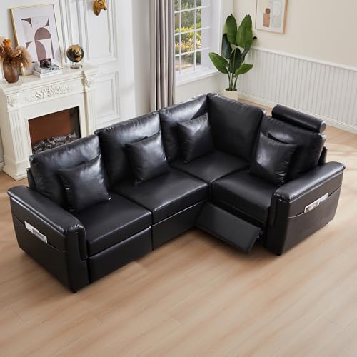 Image of RARZOE Faux Leather Sectional Sofa with Power Recliner, L Shaped PU Leather Reclining Couch with Headrest, 4 Seater Oversized Modular Reclining Couches for Living Room, Black
