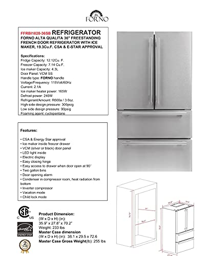 Forno Moena 36" Inch W. Refrigerator and Freezer with 19.2 cu.ft Total Capacity - French Door Counter Stainless Steel Freestanding Fridge with Ice Maker, Child Safety Lock and Touch Control on Fridge.com