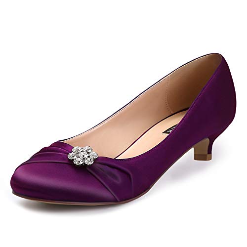 Image of ERIJUNOR Women Closed Toe Comfort Kitten Heels Rhinestones Satin Wedding Evening Dress Shoes