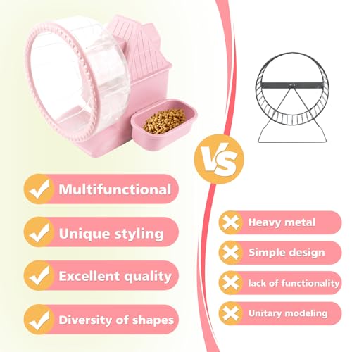 Image of 4 in 1 Silent Large Hamster Wheel Multifunctional Hamster Running Wheel Quite Running Spinner Wheel Accessories with Food Bowl Water Bottle for Hamsters Dwarf Gerbil (Pink)
