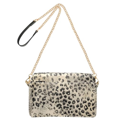 Crossbody Handbag with Chain Strap Retro Beige Black Leopard Shoulder Bag for Women Travel PU Leather Wallet Purse Clutch Bag