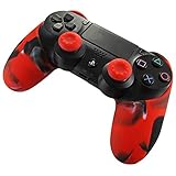 DOTBUY 1 x PS4 Dicker Hälfte Silikon Schutzhülle Sleeve + 2 Analog Cups Silikon Thumb Grips für Sony Playstation 4 Controller - Bundle (Camo Red)