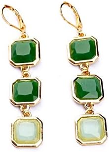 GREEN & WHITE LINEAR SQUARES GOLD -TONE STUD DROP LEVERBACK EARRINGS in GIFT BOX