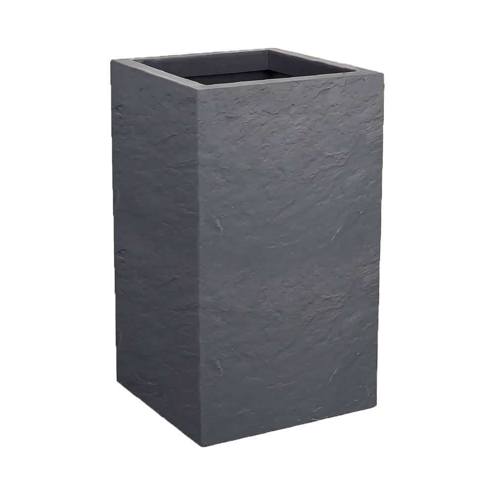 EDA Volcania'Up - Maceta Cuadrada Alta 36 L, decoración de Piedra de imitación – Zona de retención de Agua – 29,5 x 29,5 x 49,5 cm, Color Gris