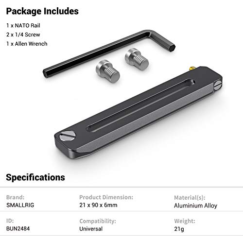 Image of SMALLRIG Universal Low-Profile Quick Release NATO Rail Safety Rail 90mm /3.5inches Long with 1 /4'' Screws for NATO Handle Camera Cage EVF Mount - BUN2484