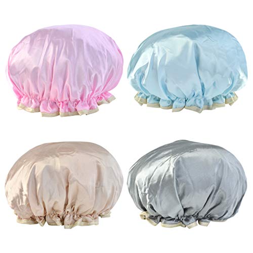 Nydotd Waterproof Shower Cap Bath Caps Hat Double-layer Bathing Hair Caps Shower Head Covers Night Sleep Cap Designed for Women Girls Reusable Double Layer Bath Accessories (4 Colors)