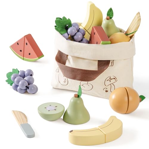 Image of ROBOTIME Wooden Play Food Cutting Fruit Set, Pretend Play Toy Food for Play Kitchen with Shopping Bag – Kids Kitchen Accessories, Wooden Fruit Toys for Kids Boys Girls