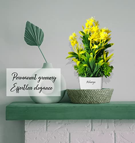 Image of Artificial Flower Plants for Home Decor - Set of 2 Mini Potted Plants in White Pots | Yellow & Green Ideal for Living Room, Office, Indoor Outdoor Decoration