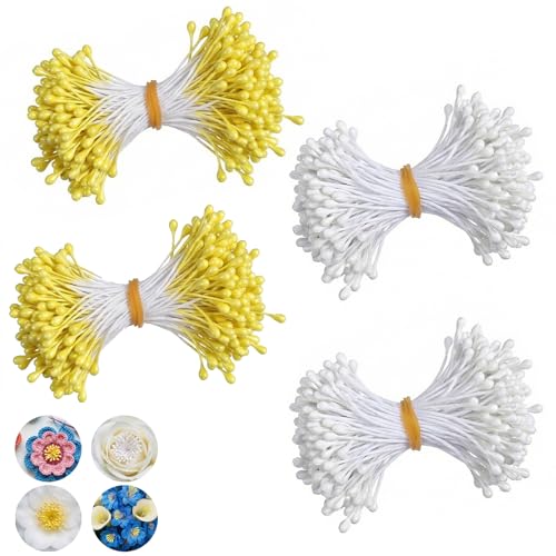 Matwsec 600 Pcs Flower Stamens 2mm Matt Pearl Double Heads Stamen for Flower Making Artificial Fake Flower Stamens for Crafts Wedding Bouquet Scrapbook Decoration (White and Yellow)