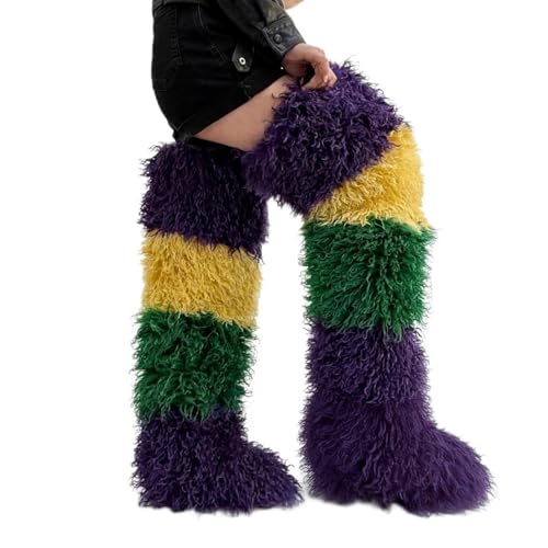 Image of Black Thigh High Fur Boots, Over the Knee Fluffy High Boots, Tall Furry shoes for Women