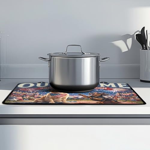 Image of Poceacles 4th of July Electric Stove Top Cover Induction Electric Stove Protector Non-slip Glass Cooktop Cover Stovetop Mat Multipurpose Flat Top Mat, Dog American Flag 250 Years Print