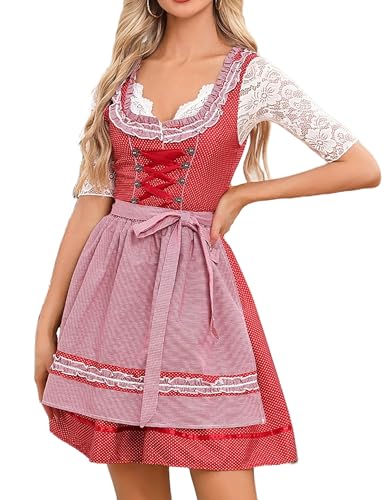 Zeagoo Oktoberfest Kleider Damen Trachtenmode Dirndl Midi Elegante Germanydress für Bierfest Oktoberfest Punktmuster Rot S
