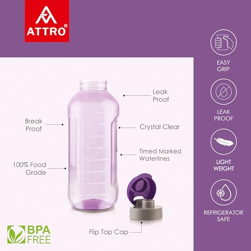 Image of ATTRO Ultra Pro Motivational 1.5-Liter BPA-Free Water Bottle with Leak-Proof Flip-Top Cap, Nylon Strap and Stylish Color for Daily Hydration- Violet-Set Of 4