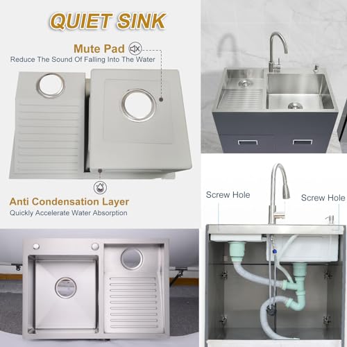 Household Laundry Sink with Washboard,Stainless Steel Laundry Sink,Utility Sink,wash Sinks for Laundry Room,Double Bowl Laundry Sink,Easy to Clean (Color : Left, Size : 80x48x22cm)