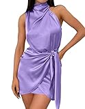 ZESICA Women's 2024 Fashion Satin Sleeveless Halter Neck Tie Waist Wrap Bodycon Cocktail Party Mini Dress,Purple,Small