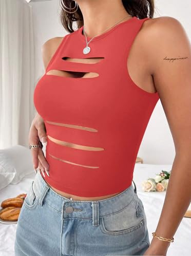 Image of LovelyWholesale Women Sexy Cut Out Crop Tank Tops Crew Neck Summer Sleeveless Top