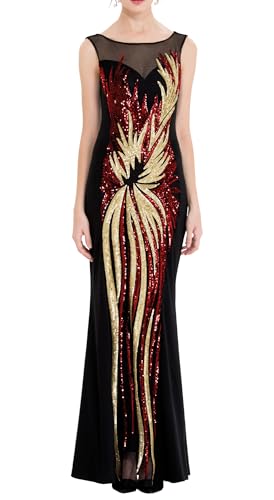 Angel-fashions Women's Sheer Red Gold Sequined Black Splicing Evening Dress Size 4