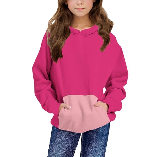DDAPJ pyju Cute Hoodies for Girls Vintage Colorblock Hooded Sweatshirts Kids Long Sleeve Fleece Pullover Tops with Pocket