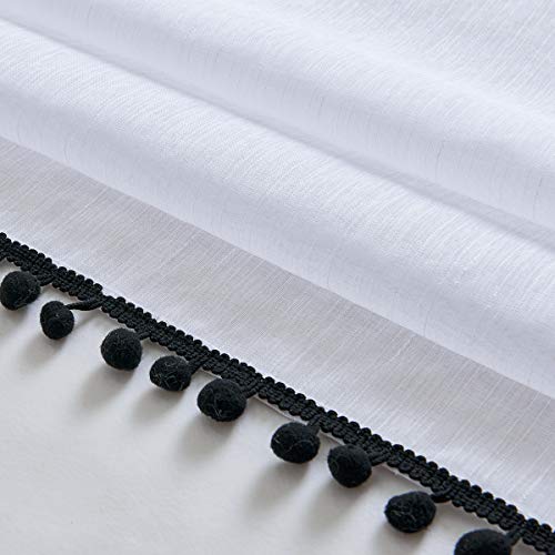 Image of Treatmentex Sheer White Curtains with Black Pom Pom Curtains 84 inch Long Linen Textured Look Decorative Window Drapes Navy 52 inch w 1Pair