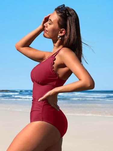SOCIALA Scalloped One Piece Swimsuit Women Ruched Tummy Control Bathing Suit Cut Out Monokini Swimwear4