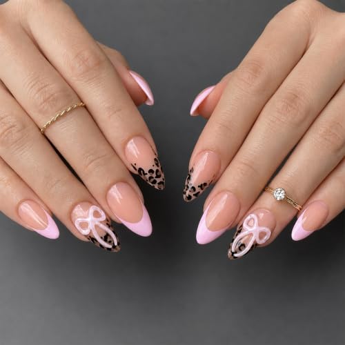 Image of Secret Lives Glossy Pink French Tip Press-On Nails with Leopard Print With 3D Bow Artificial Nail Art, 24-Piece Set with Kit