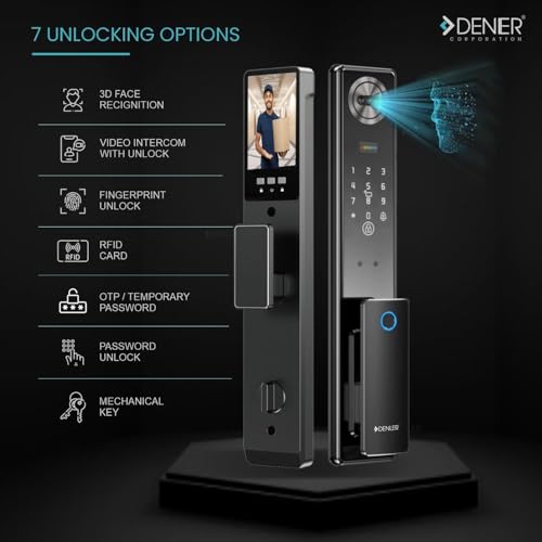 Image of Denler F4s 7-in-1 Smart Door Lock | 3D Face ID | Fingerprint | App Unlock | LCD Camera | Inbuilt Wi-Fi | Android & iPhone Support | RFID Card | PIN | Key | for Min 40mm Door
