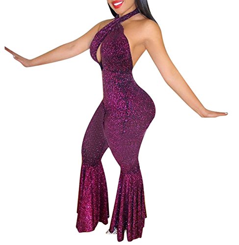 Yanekop Womens Backless Halter Jumpsuit Sleeveless Fit and Flare Pants Romper(Purple,L)