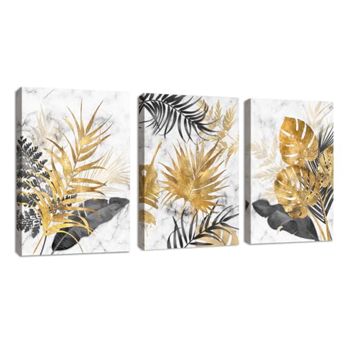 3Pcs Cuadros Decoracion Salon Modernos Mármol Oro Gris Hojas Cuadros Abstractos Pintura Lienzos decorativos Salon Dormitorio Comedor Decoración de Pared Listo para colgar 50x70cmx3