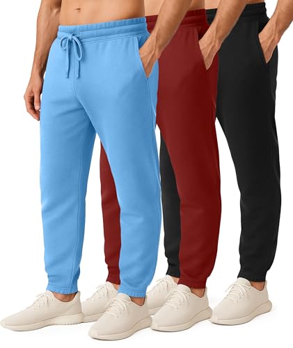 Real Essentials 3 Pack: Men's Fleece Elastic Bottom Jogger Sweatpants with Pockets (Available in Big & Tall)