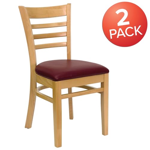 Image of Flash Furniture 2 Pk. HERCULES Series Ladder Back Natural Wood Restaurant Chair - Burgundy Vinyl Seat
