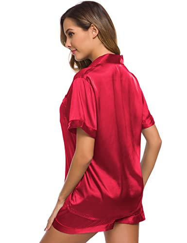 Image of SWOMOG Womens Silk Satin Pajamas Set Short Sleeve Sleepwear Button Down Top and Shorts Loungewear 2 Piece Pjs Set XS-3XL
