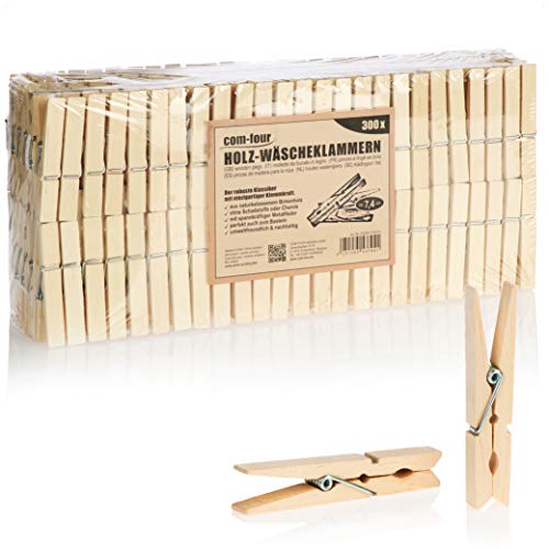 COM-FOUR® 300x Pinzas de Madera sostenibles Hechas de Madera de Abedul sin Tratar para Colgar Ropa y Manualidades (300 Piezas - Madera de Abedul)
