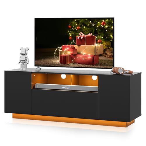 WLIVE TV Schrank Schwarz, Lowboard Hochglanz mit 20 Farben LED-Beleuchtung, TV Board mit Schränken und 2 Freiflächen, Fernsehtisch mit Klapptür, 122 x 36 x 45 cm, Schwarz