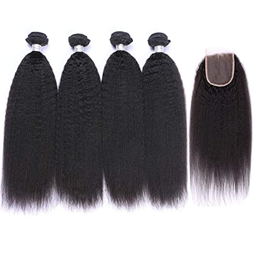 Brazilian Kinky Straight Human Hair 4 Bundles with Closure Virgin Yaki Straight Hair 100% Unprocessed Virgin Kinky Straight Human Hair Extensions Natural Color(18 18 20 20+16)……