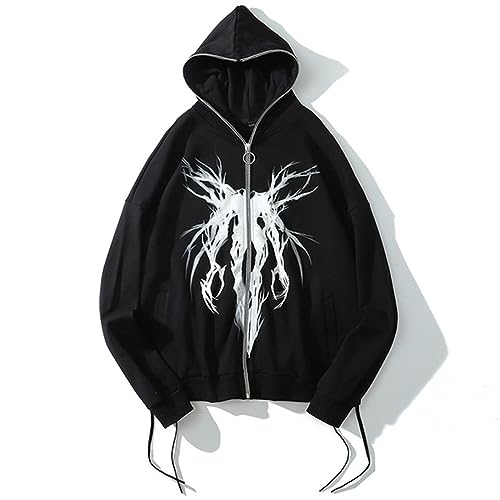 Jaqueta feminina masculina com capuz Y2K com zíper e capuz Harajuku Grunge Alt Emo Gótico Estética D