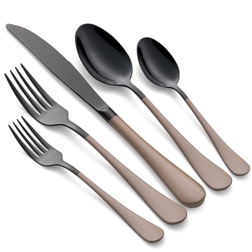 Onlycooker 20-Piece Black Silverware Set 18/0 Stainless Steel Flatware Brown Handle Cutlery Set Service for 4 Dinner Knives Forks Spoons Set Mirror Finish Dishwasher Safe